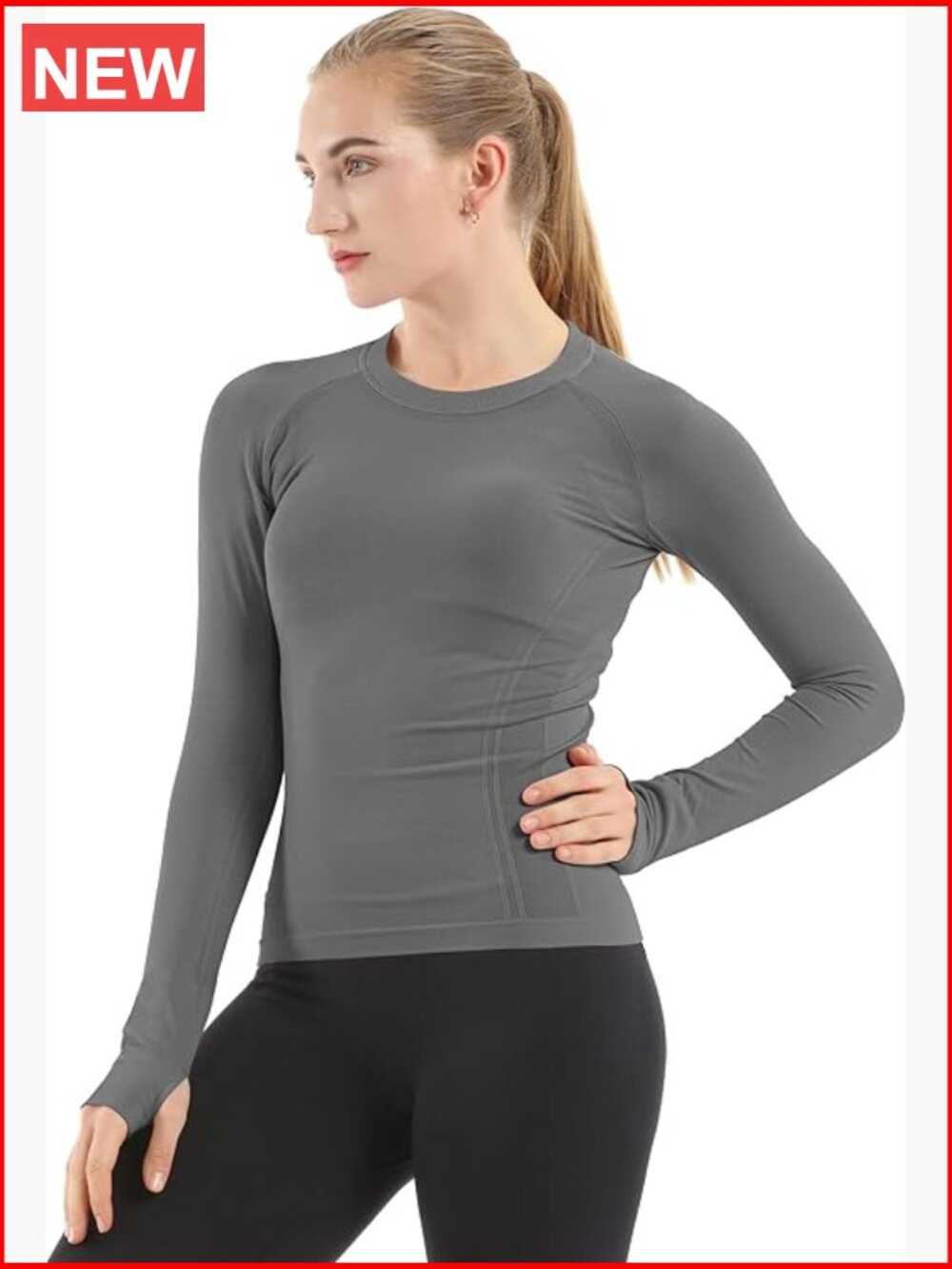 Seamless Long Sleeve Workout Top Slim Fit Nylon Elastane Thumb Holes